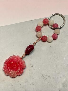 Handmade Pink Beaded Flower Keychain Rose Charm Key Ring Gift